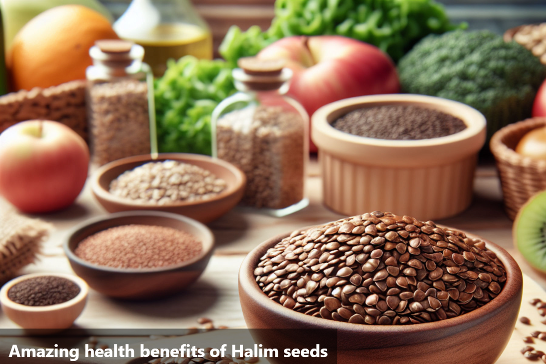 A bowl of halim seeds with other grains and fruits in the background.