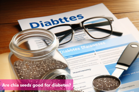 Chia seeds spilled from a jar next to a measuring spoon and a pair of glasses on top of a table with a paper with the words 'diabetes' on it in the background.