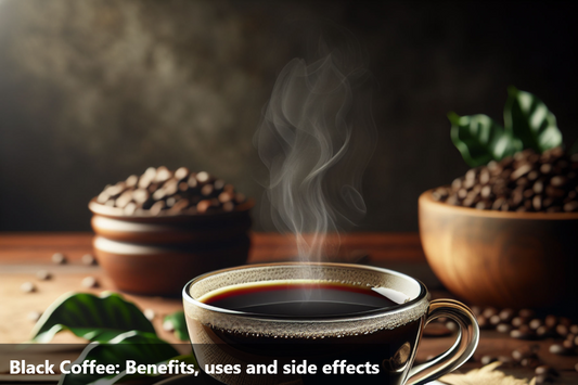 Black coffee in a glass cup with coffee beans and leaves on a wooden table