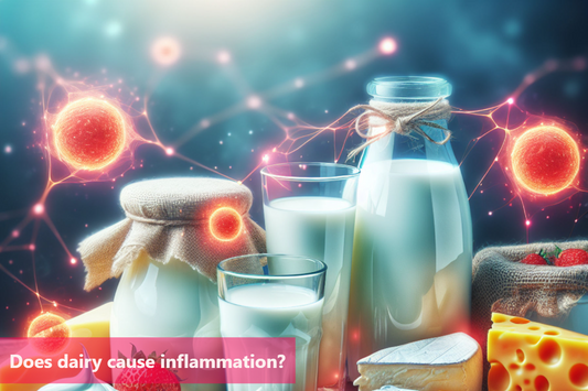 Dairy products and inflammation concept with milk, cheese, and strawberries on a table.