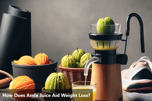 A glass of amla juice next to a measuring tape and a pair of sneakers.