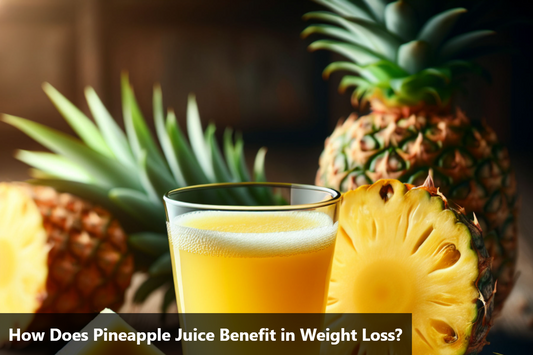 A glass of pineapple juice with pineapple slices on a wooden table.