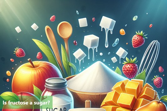 A bowl of sugar cubes with a wooden spoon and a variety of fruits