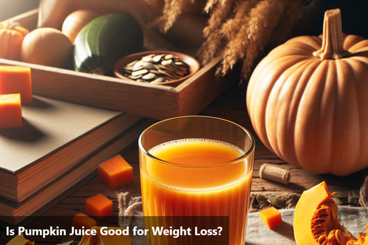 A glass of pumpkin juice with pumpkin slices on a wooden table.