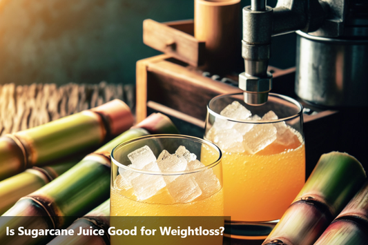 A close-up image of two glasses of sugarcane juice with ice and sugarcane stalks in the background.