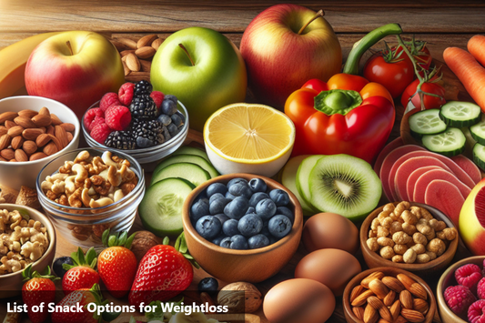 An assortment of fresh fruits, vegetables, nuts, and seeds, arranged on a wooden table.