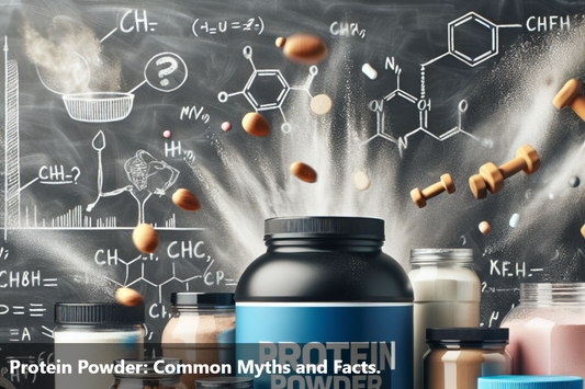 A black container of protein powder with a blue label that says 'Protein Powder' is shown with other containers of protein and supplements in the background.