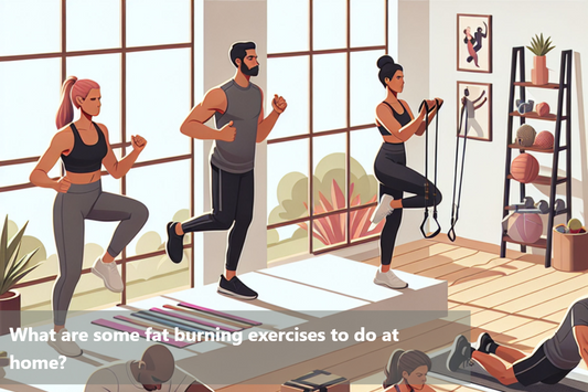 People doing various fat burning exercises at home, including high knees, jumping jacks, and resistance band exercises.