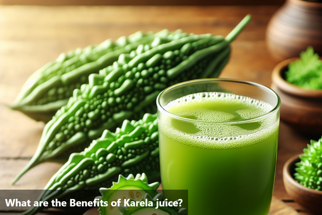 A glass of karela juice next to a karela fruit.