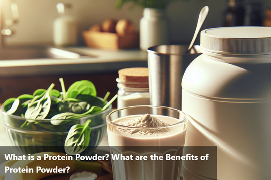 A glass of protein powder with a banana, spinach, and a container of protein powder on a table.