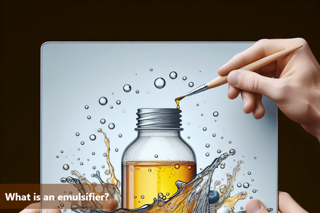An illustration of a hand painting an image of a bottle with liquid splashing out of it, symbolizing the power of emulsifiers in creating stable mixtures.
