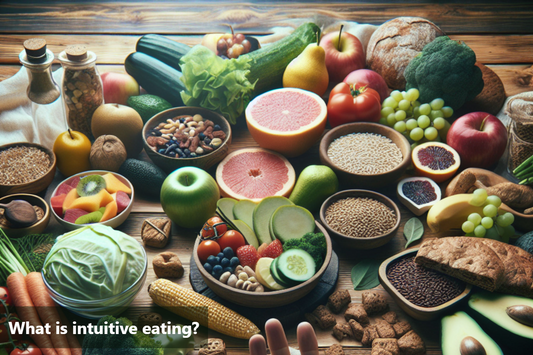 A table full of healthy food with a hand reaching for an apple.