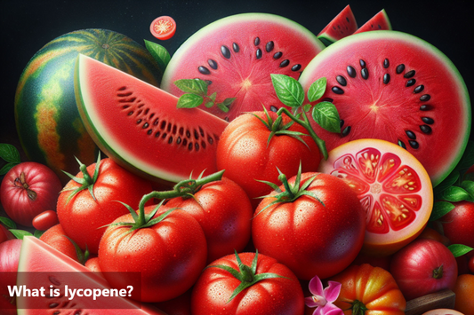 A variety of red fruits and vegetables, including tomatoes, watermelons, and peppers.