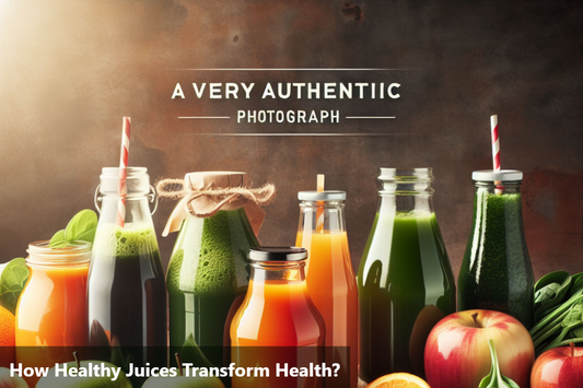 A variety of healthy juices in glass bottles, surrounded by fruits and vegetables.