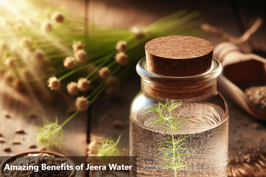 Jeera water in a glass jar with jeera seeds and green plant on a wooden table