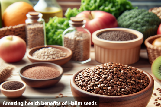 A bowl of halim seeds with other grains and fruits in the background.