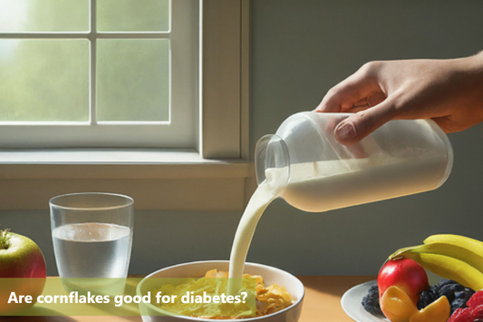 A bowl of cornflakes with milk being poured over it, along with a glass of water and a plate of fruit.