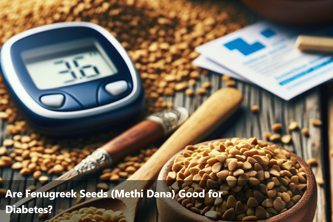 Fenugreek seeds spilled on a wooden table along with a bowl, spoon, and a blood glucose meter.