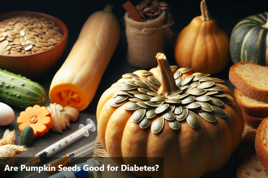 A pumpkin sits on a table surrounded by pumpkin seeds, bread, cucumber, carrot, syringe, and pills.