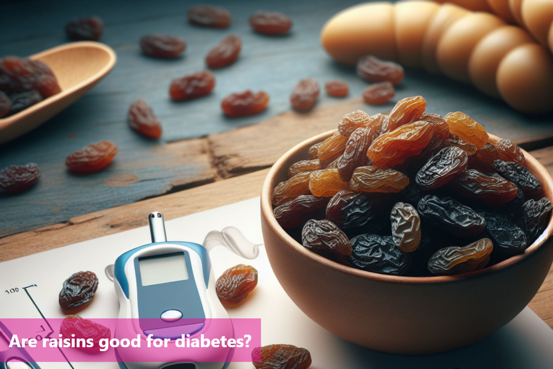 A bowl of raisins next to a blood sugar monitor.