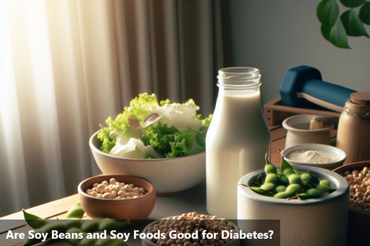 A spread of soy products including soy chunks, soybeans in a bowl, soy milk, and a salad with lettuce and tofu.