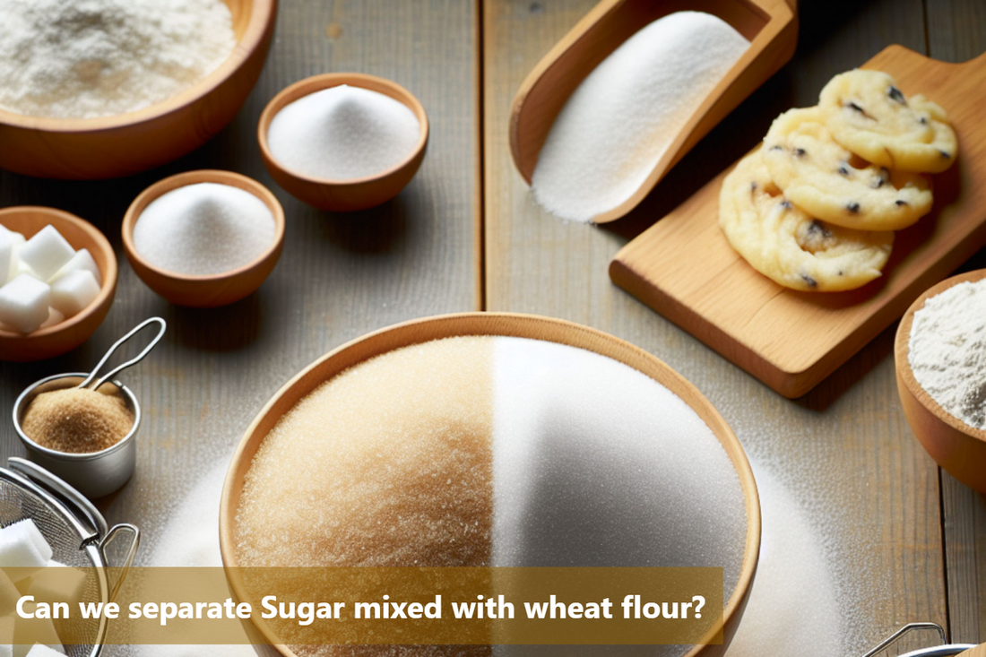 A wooden table with a bowl of sugar and flour, a measuring cup, and a spoon.