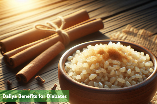 A bowl of daliya, a type of wheat that is beneficial for people with diabetes, is shown next to some cinnamon sticks and cloves.