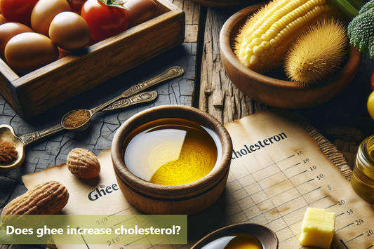 A wooden bowl of ghee next to a chart that shows the cholesterol content of different foods.