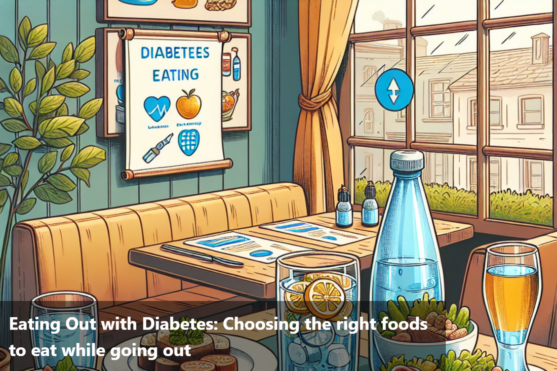 A banner about: 'Eating out with diabetes: Choosing the right foods to eat while going out'  'Diabetes, diabetic, Glycemic Index, diabetes-friendly.