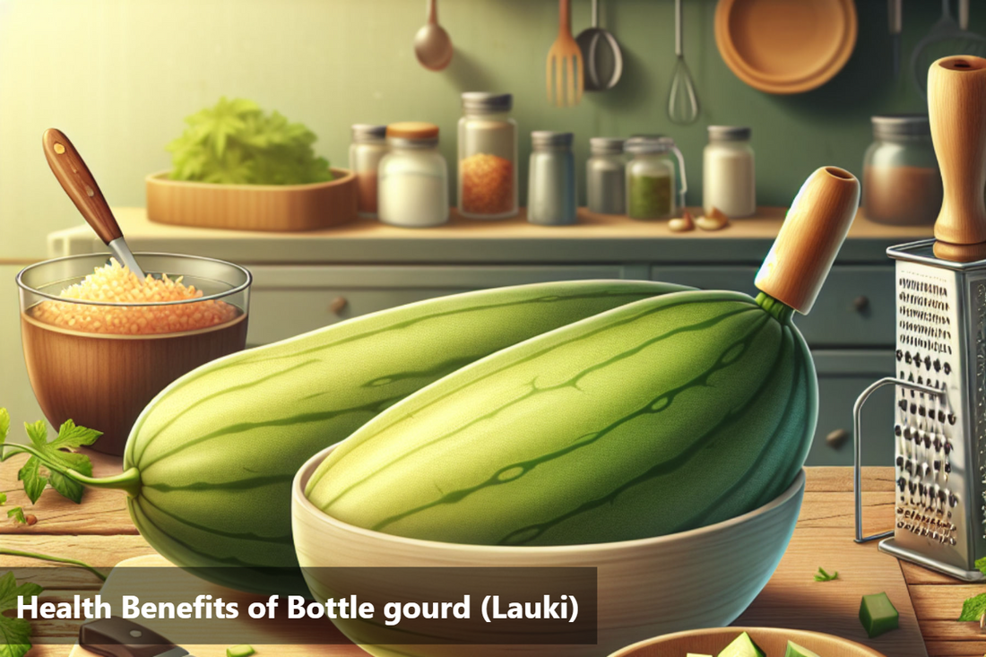 A banner image of a bottle gourd cut in half with bottle gourd slices, leaves and a grater on a wooden table.