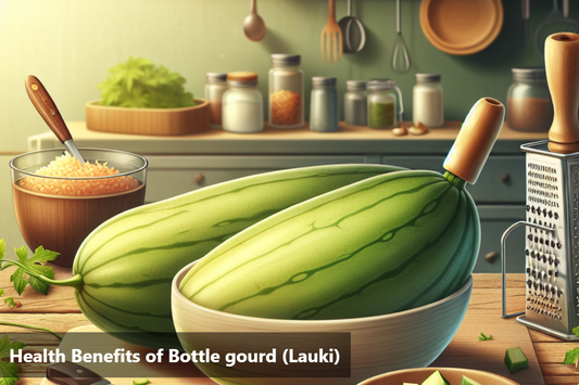 A banner image of a bottle gourd cut in half with bottle gourd slices, leaves and a grater on a wooden table.