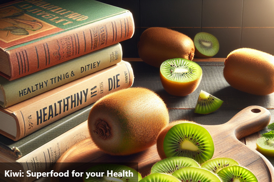 Kiwi fruit on a wooden table next to a stack of books about health and nutrition.