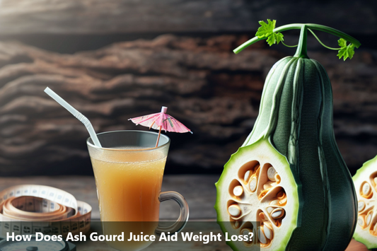 A glass of ash gourd juice next to a measuring tape and a halved ash gourd.