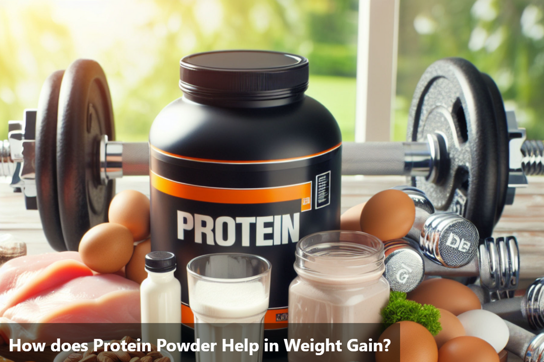 A black container of protein powder sits on a table next to a glass of milk, a plate of eggs, some almonds, and a pair of dumbbells.