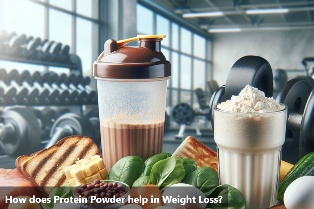 Protein powder, eggs, spinach, and other healthy food items on a table with a gym in the background