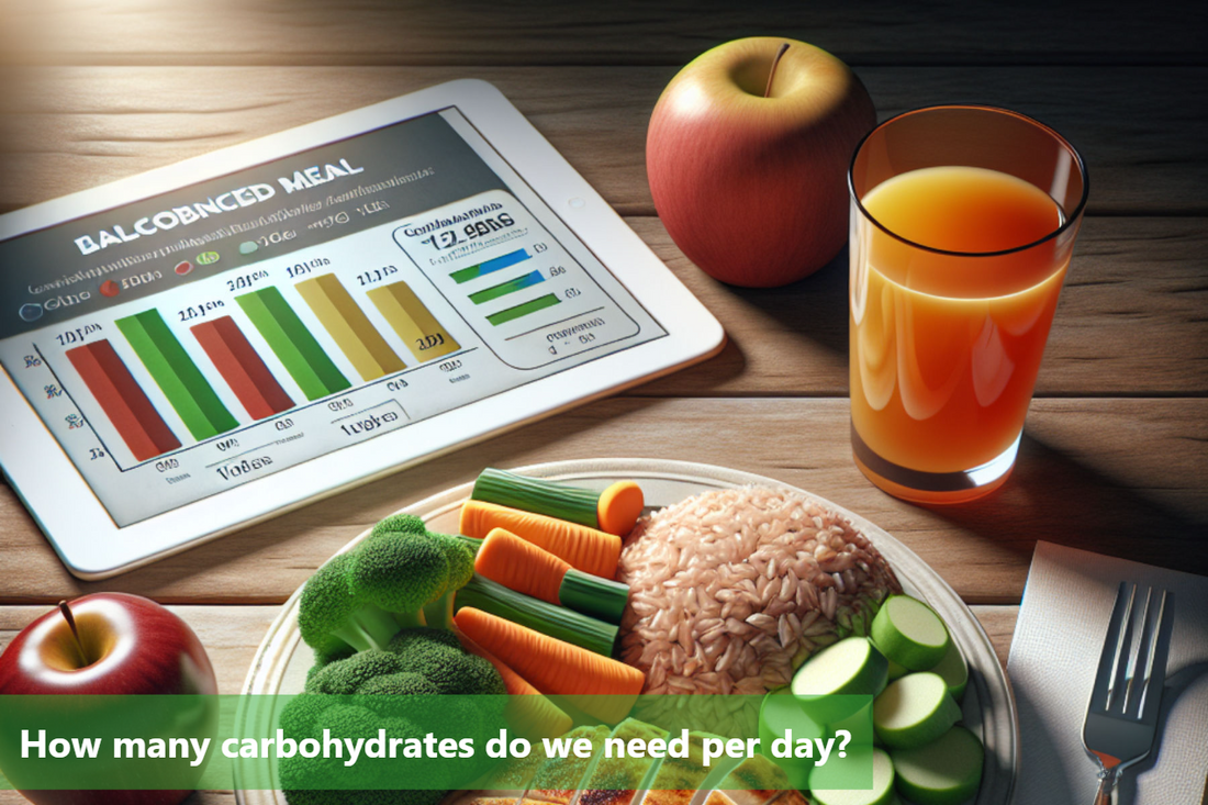 A plate of healthy food with a glass of juice and a tablet with a carb counter app on it.