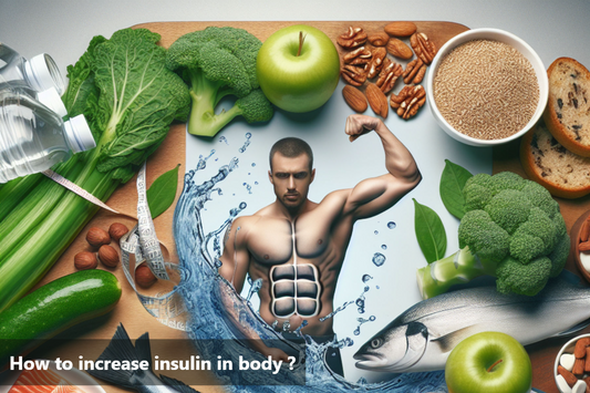 A muscular man surrounded by water and healthy food items such as broccoli, apples, fish, nuts, and leafy greens.