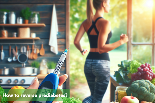 A woman running on a treadmill next to a table of healthy food.