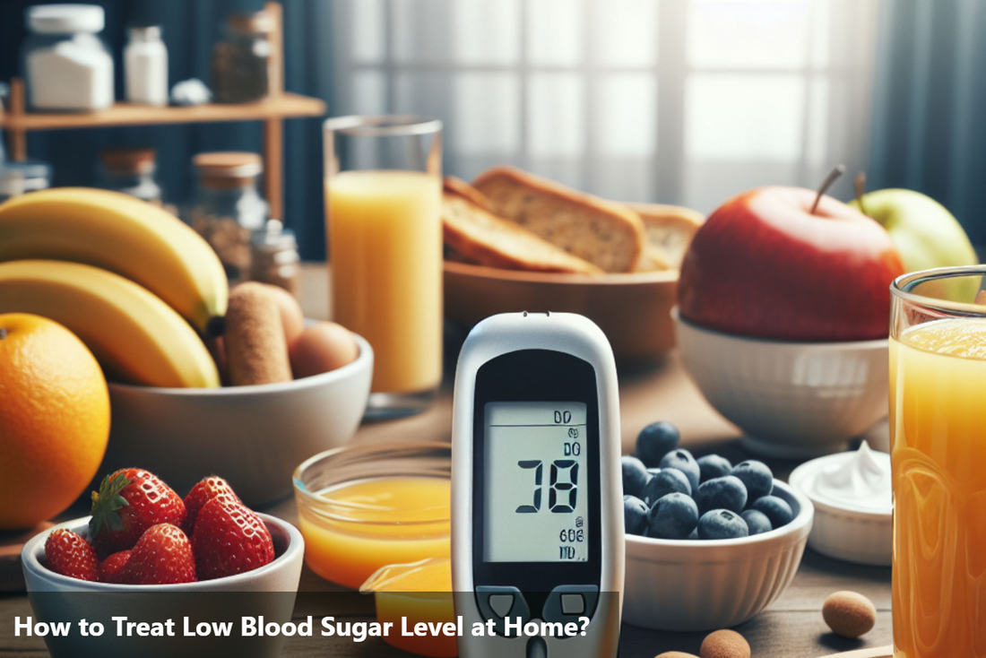 A table full of healthy food with a blood glucose meter on it.