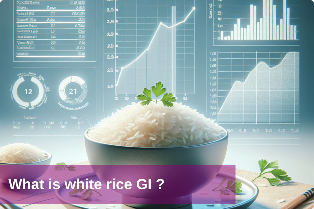 Nutritional chart highlighting the glycemic index of white rice on a plate of cooked white rice