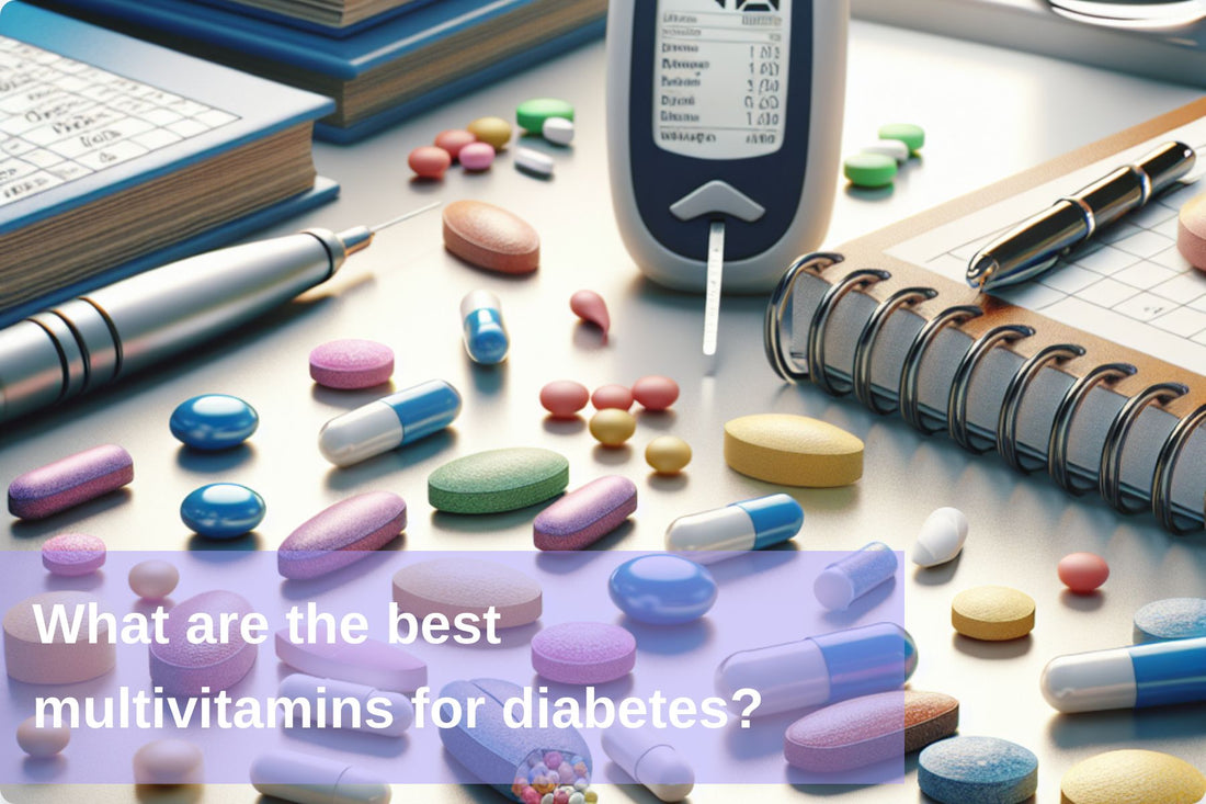 Assortment of recommended multivitamins for diabetic patients, including tablets and syrups