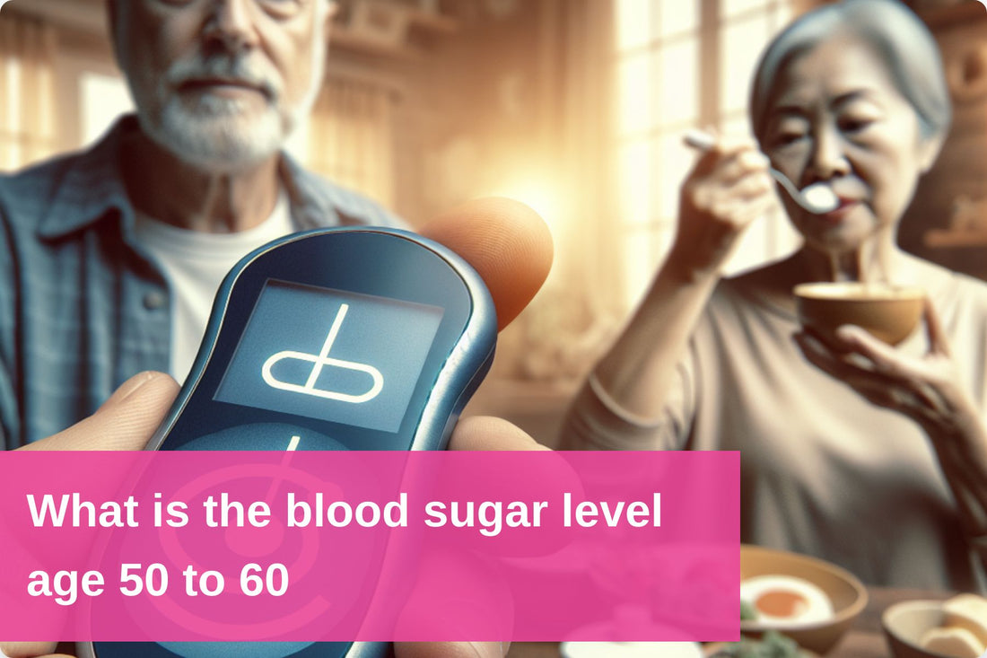 Informative chart showing blood sugar levels by age, focusing on the 50-60 age group with gender-specific data and health tips