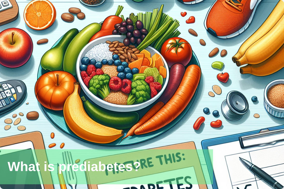 Illustrative image depicting the food items and concept of prediabetes, with visual cues indicating early signs and prevention methods.