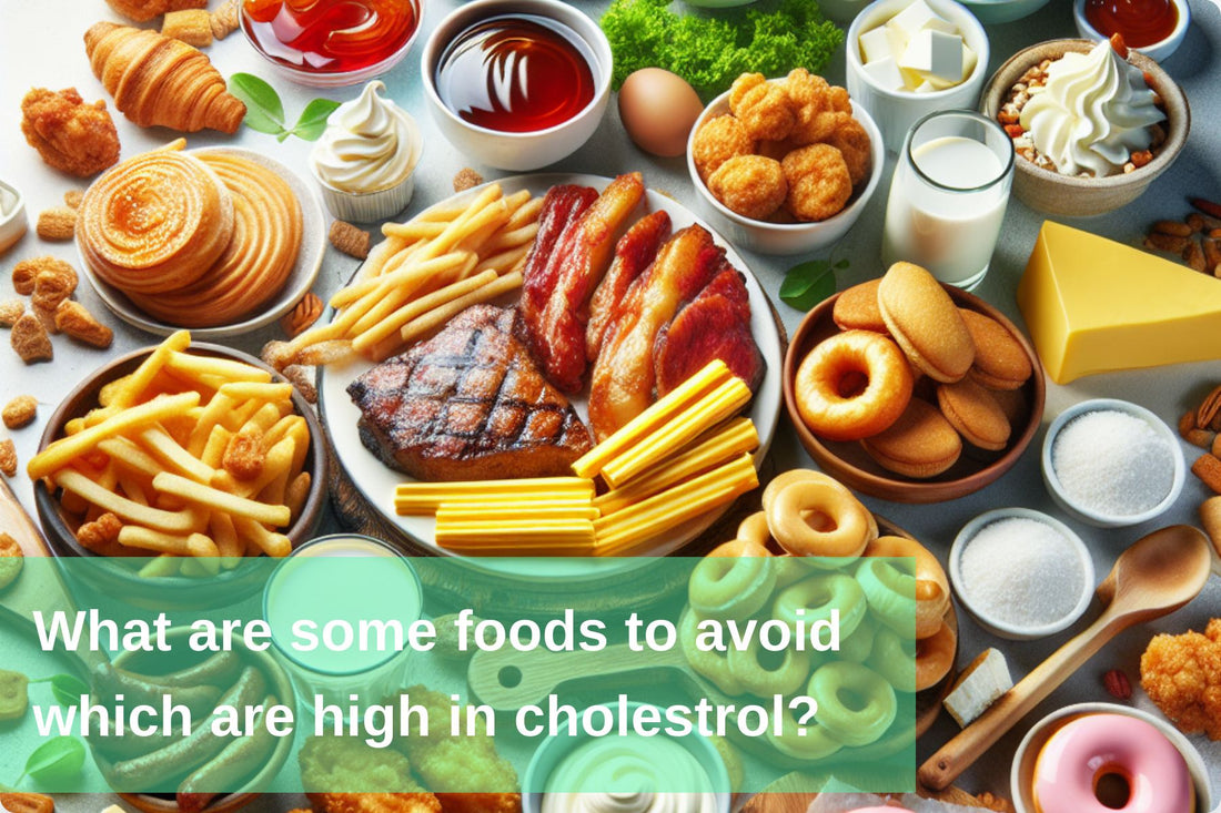 Display of various foods known for high cholesterol levels, highlighting what to avoid for a healthier diet.