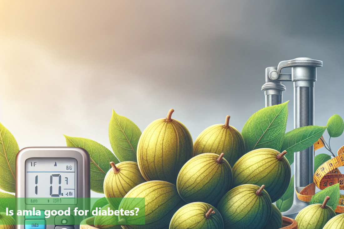Amla fruits with measuring tape and glucometer in the background