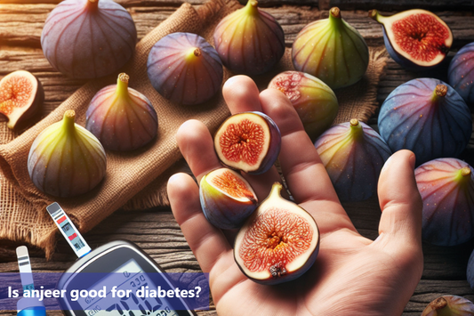 A hand holding a fig with a blood glucose meter on the side.