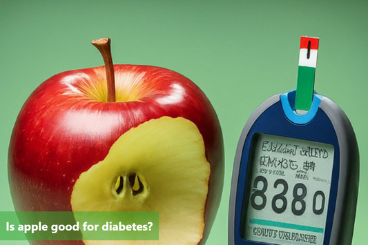 A red apple sits next to a blood glucose meter.