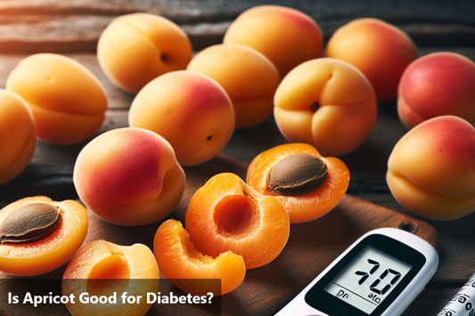 A wooden table with fresh apricots and a blood glucose meter.