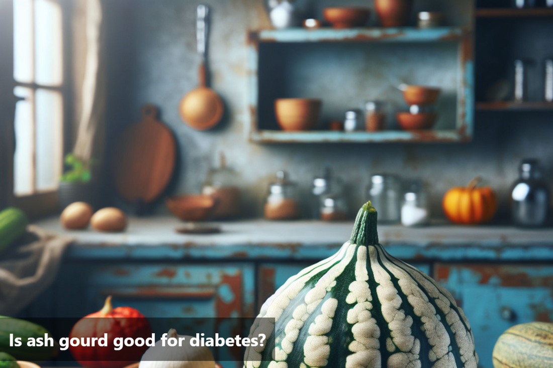 Ash gourd on a kitchen table with other vegetables in the background