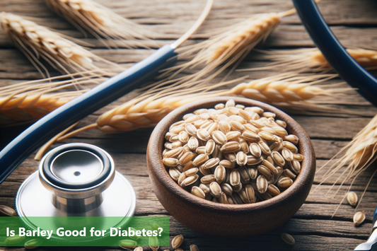 Barley grains in a wooden bowl with stethoscope on a wooden table